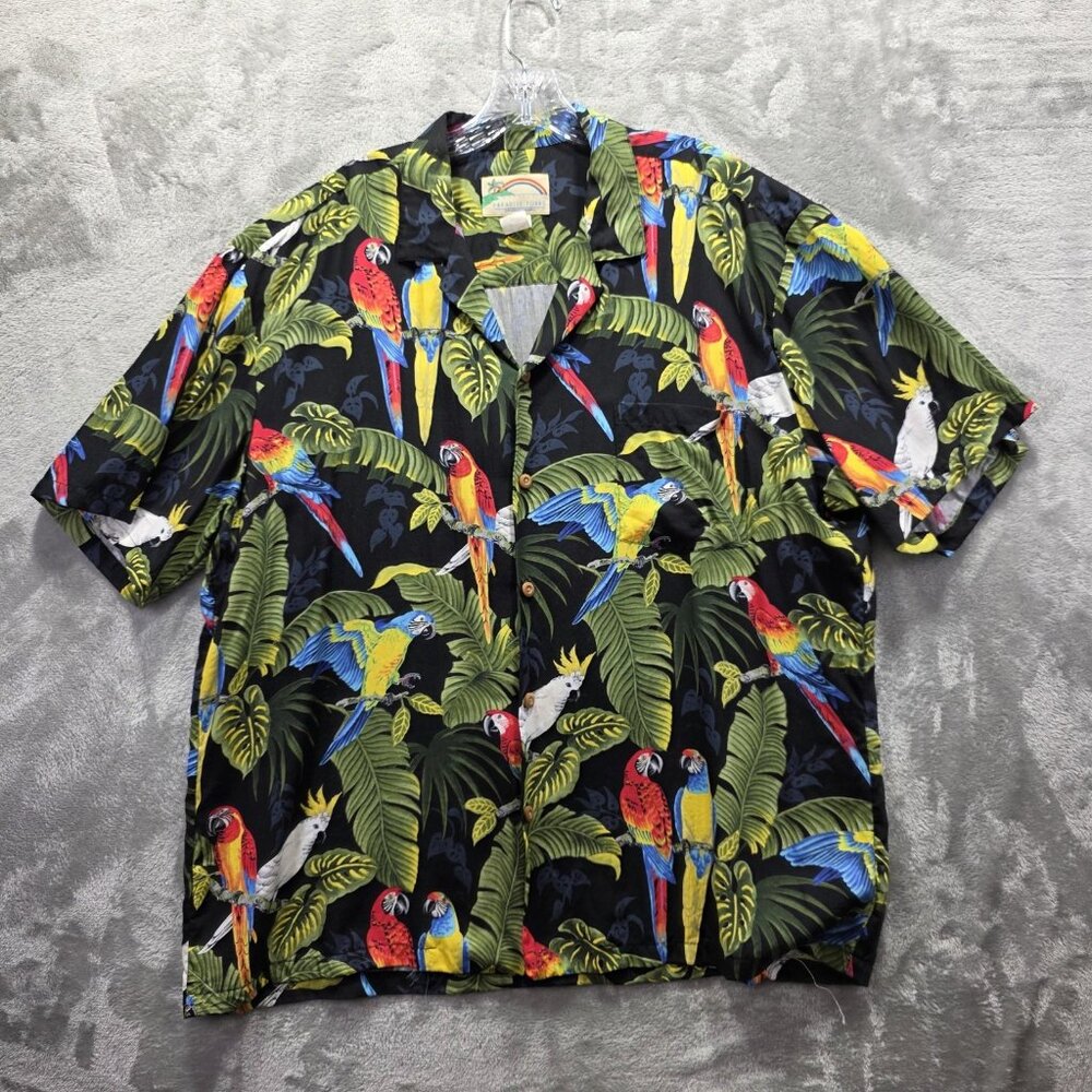 Paradise Found Hawaiian Shirt Mens XL Black Parrot Macaw Cockatoo Tropical Rayon